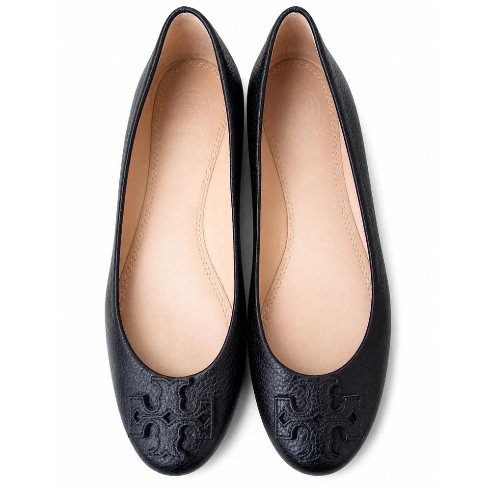Tory Burch Minnie Ballet Flats Women 6.5 Black Excellent Pebbled Leather‎ Logo
